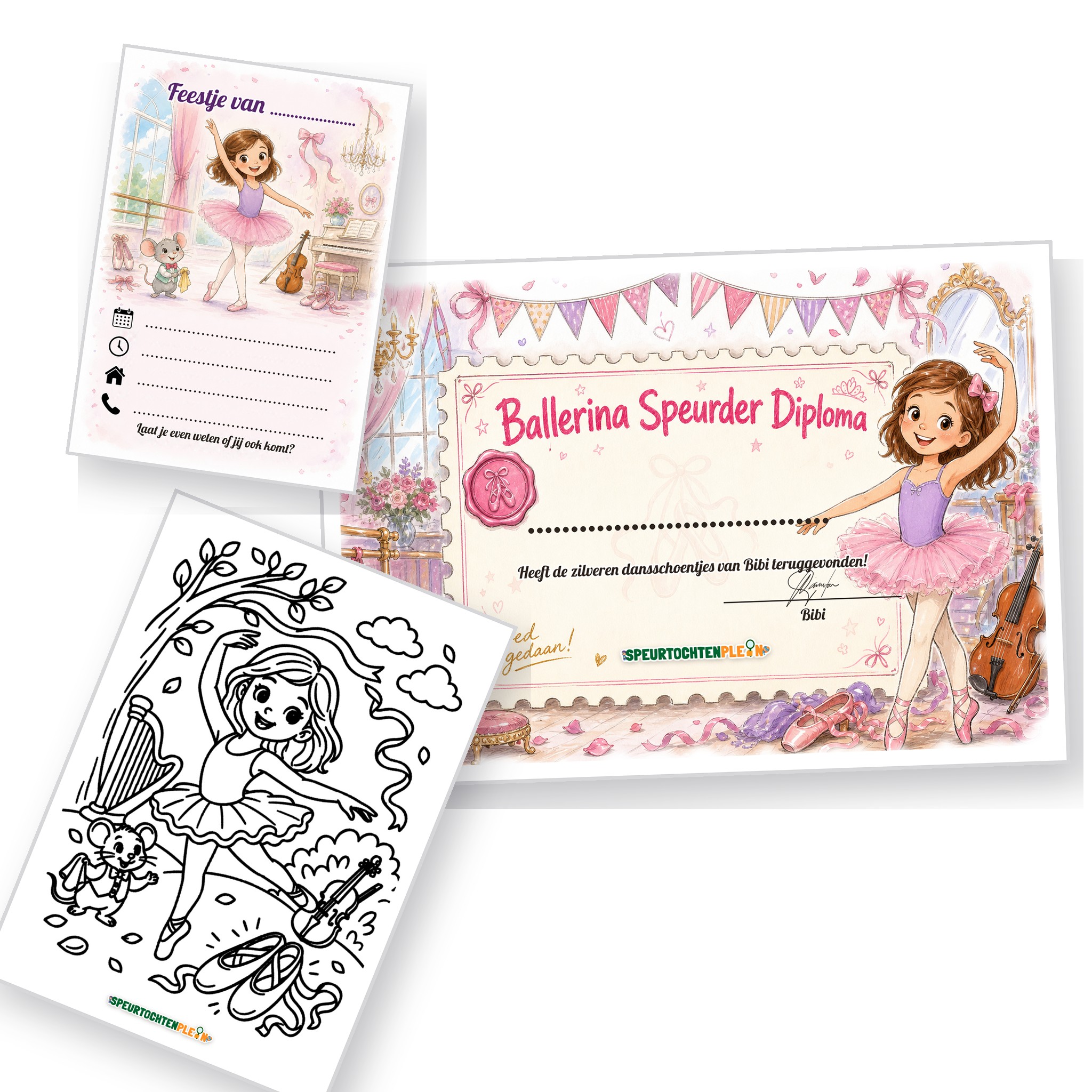 Uitnodiging, diploma en kleurplaat van de Ballerina Speurtocht