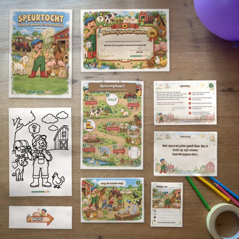 Alle onderdelen van de Boerderij Speurtocht op tafel: voorblad, diploma, oplossingskaart, kleurplaat, opdrachtkaarten, speluitleg, uitnodigingen en pijlen