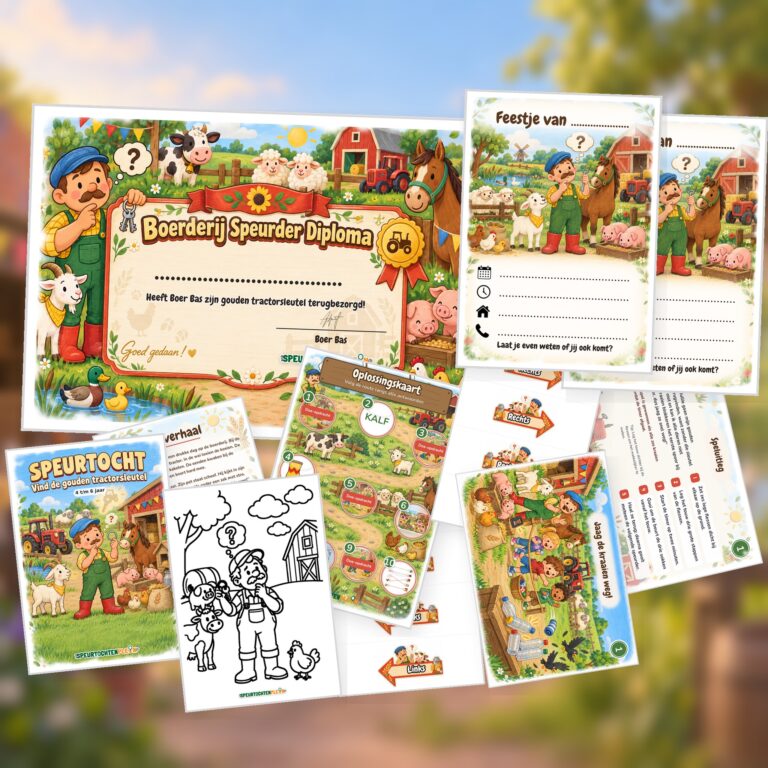 Overzicht van de Boerderij Speurtocht met voorblad, verhaal, opdrachtkaart, speluitleg, uitnodigingen, oplossingskaart, kleurplaat, pijlen en diploma
