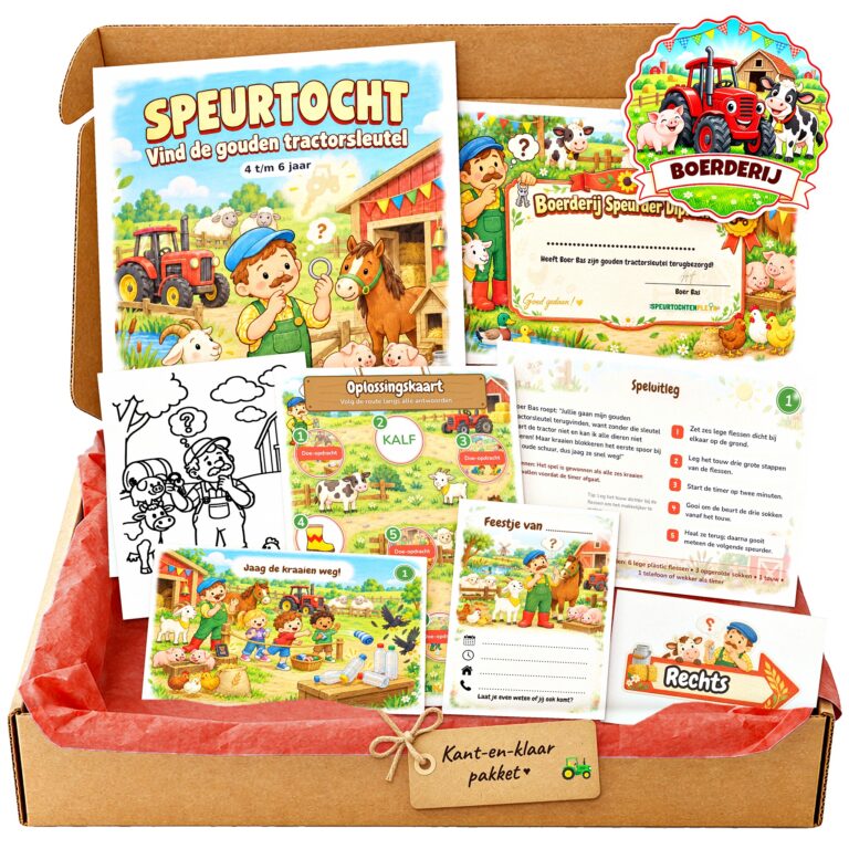 Complete Boerderij Speurtocht voor een kinderfeestje met voorblad, opdrachtkaarten, uitnodigingen, diploma en kleurplaat