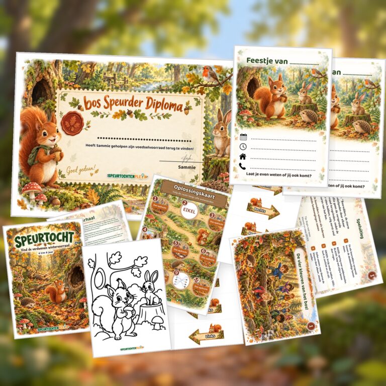 Overzicht van de bos Speurtocht met voorblad, verhaal, opdrachtkaart, speluitleg, uitnodigingen, oplossingskaart, kleurplaat, pijlen en diploma
