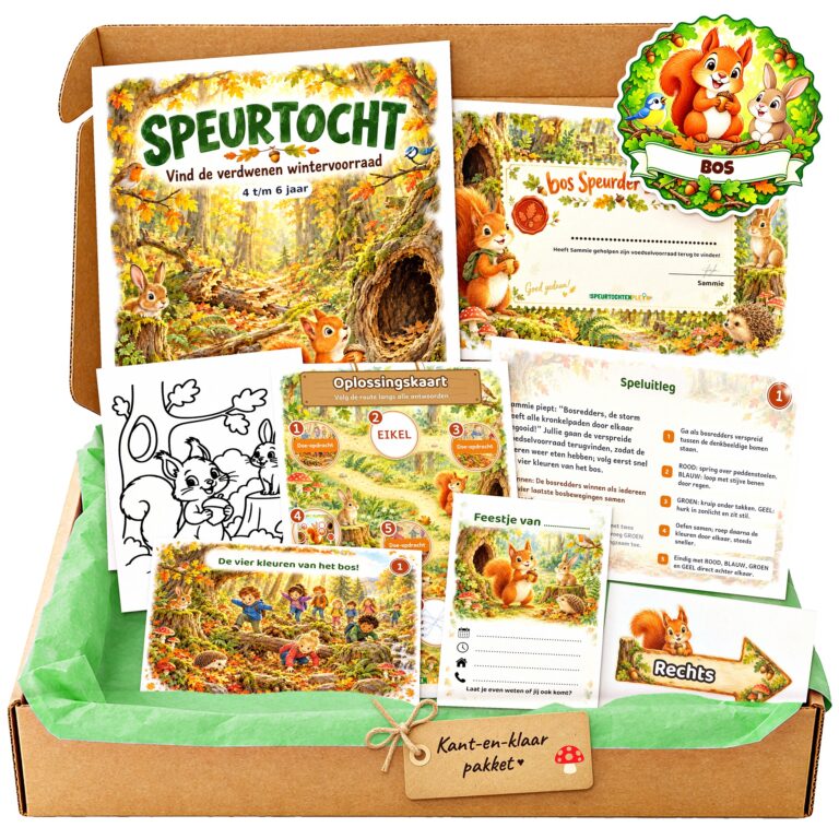 Complete bos Speurtocht voor een kinderfeestje met voorblad, opdrachtkaarten, uitnodigingen, diploma en kleurplaat