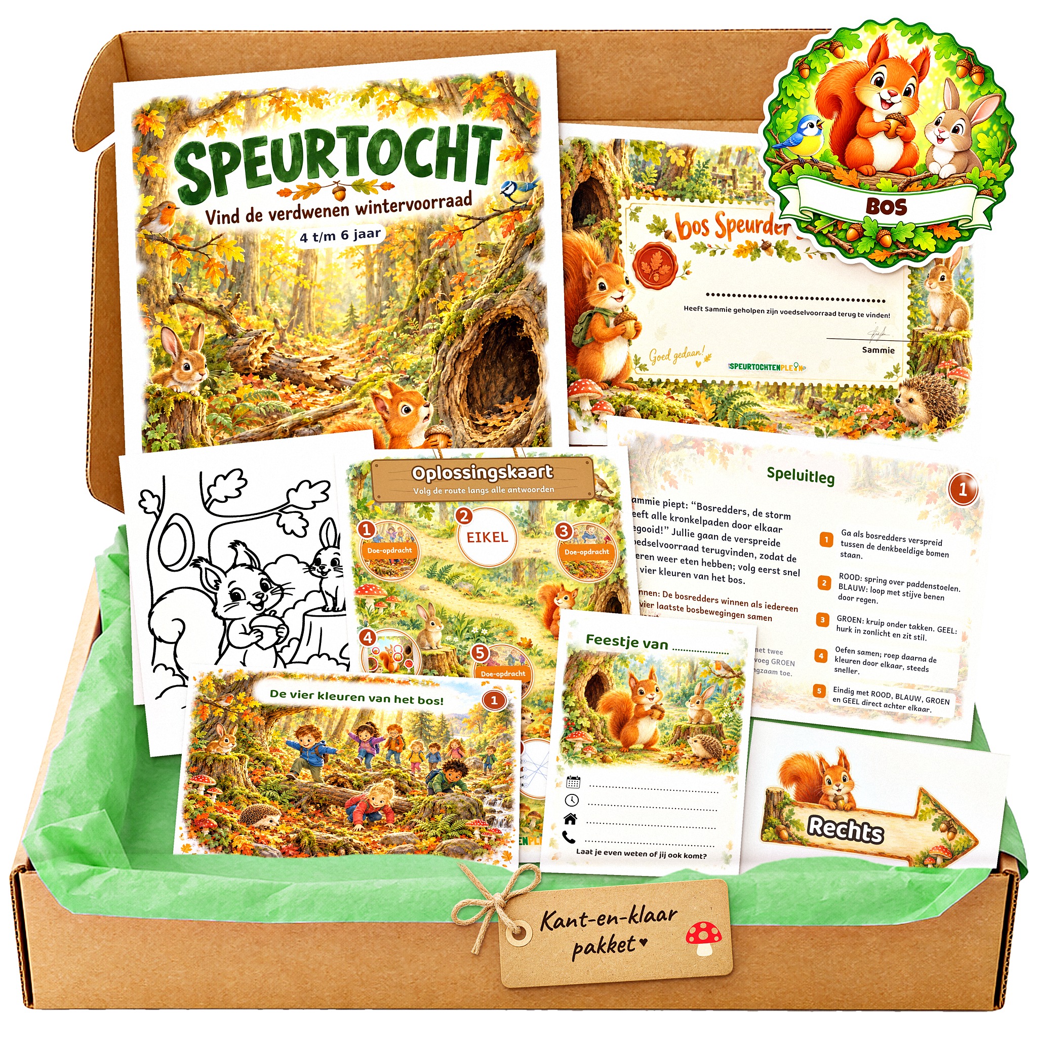 Complete bos Speurtocht voor een kinderfeestje met voorblad, opdrachtkaarten, uitnodigingen, diploma en kleurplaat