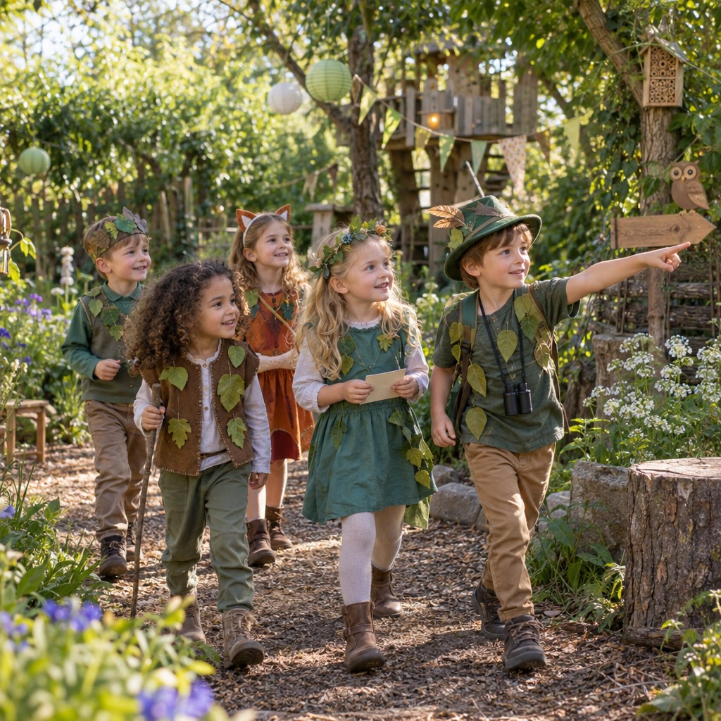 Kinderen op speurtocht tijdens een bos Speurtocht kinderfeestje