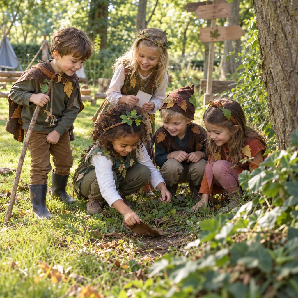 Kinderen zoeken samen naar aanwijzingen bij de bos Speurtocht