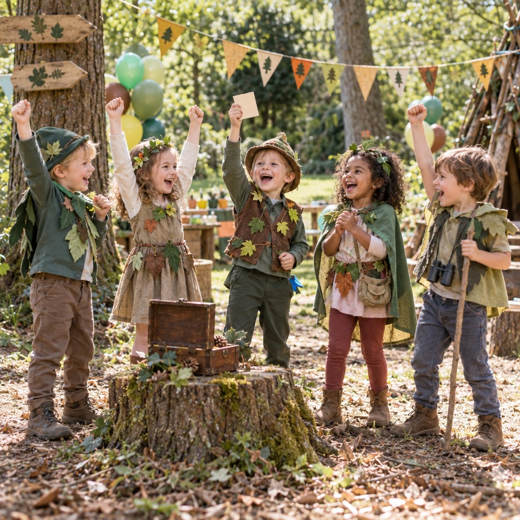 Blije kinderen hebben de schat gevonden bij de bos Speurtocht