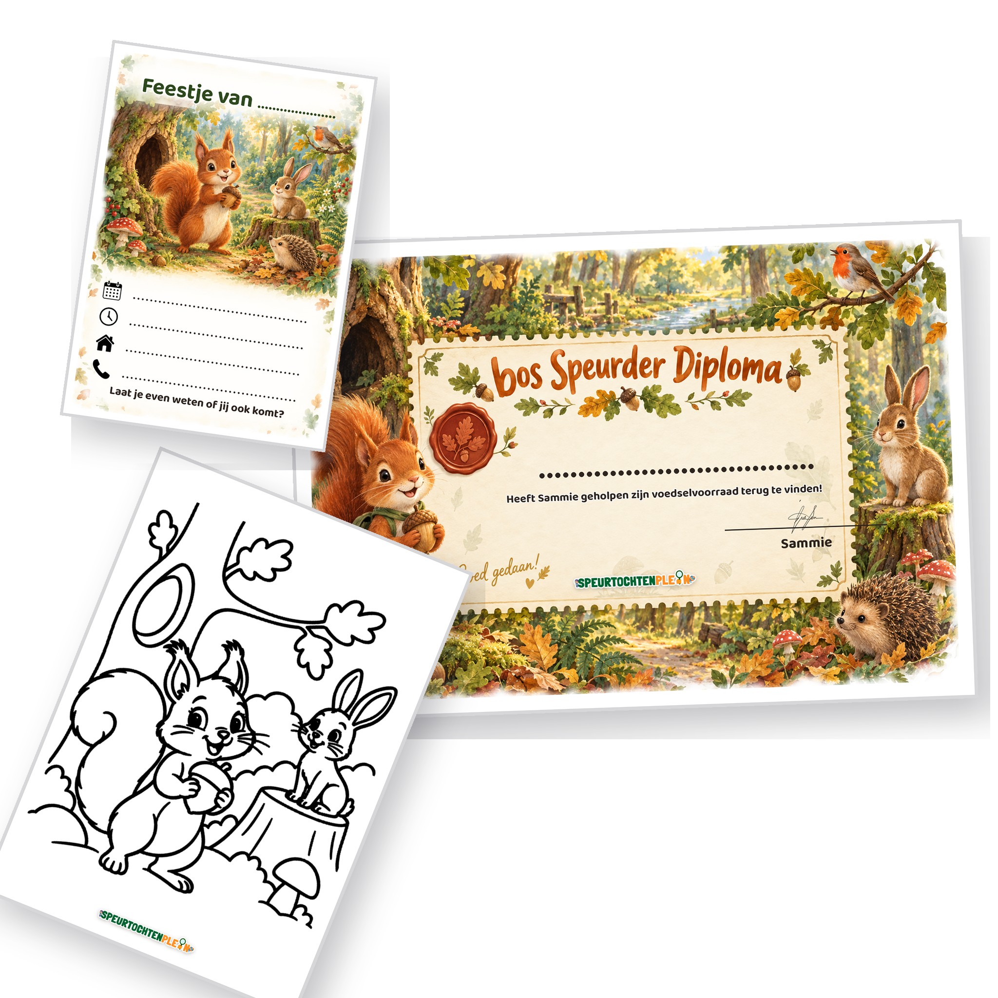 Uitnodiging, diploma en kleurplaat van de bos Speurtocht