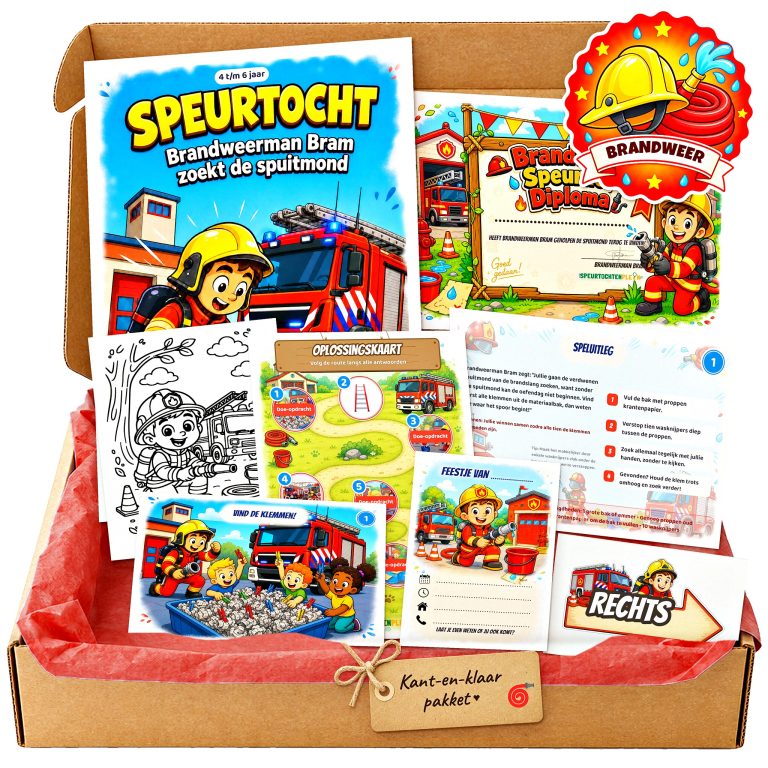 Complete Brandweer Speurtocht voor een kinderfeestje met voorblad, opdrachtkaarten, uitnodigingen, diploma en kleurplaat