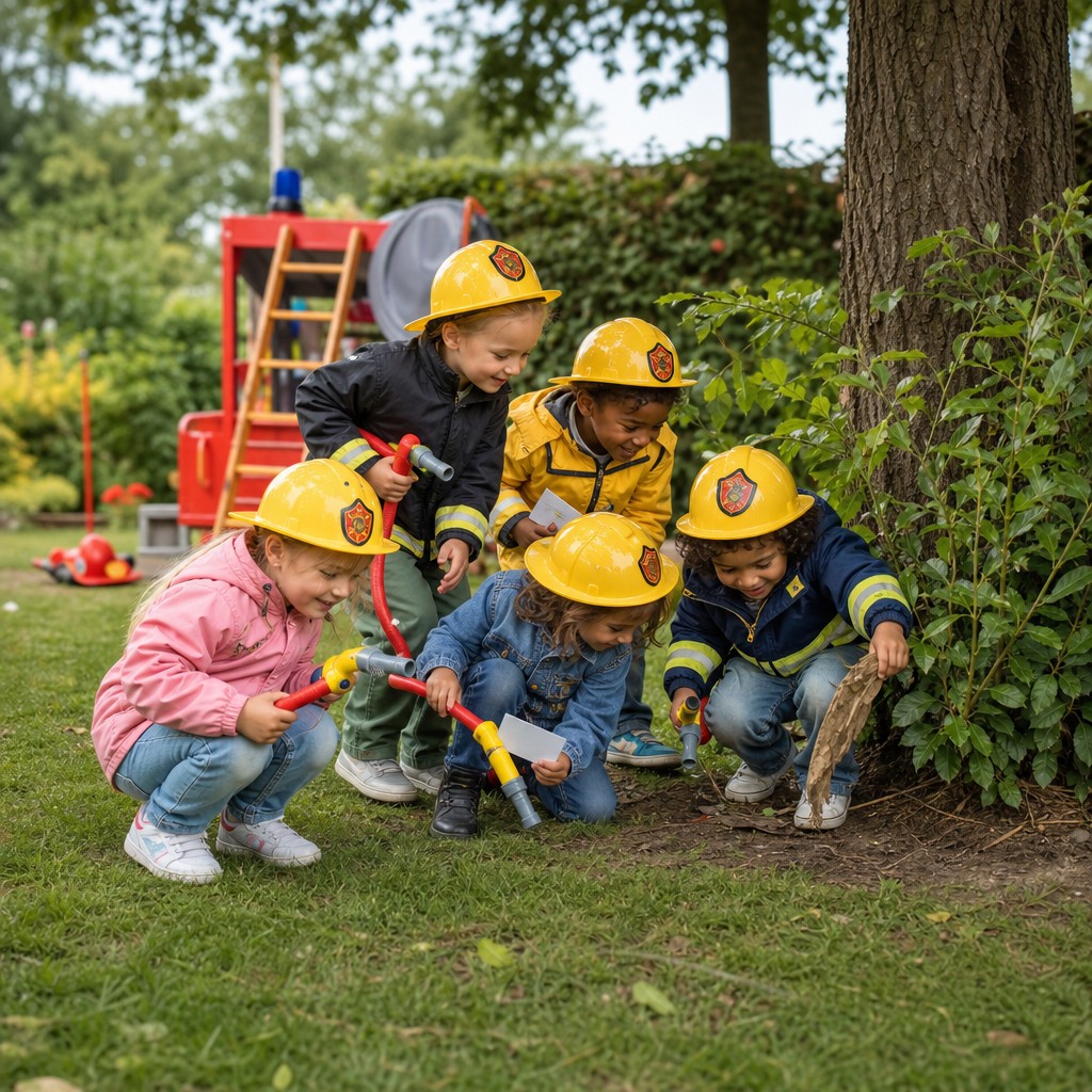 Kinderen zoeken samen naar aanwijzingen bij de Brandweer Speurtocht