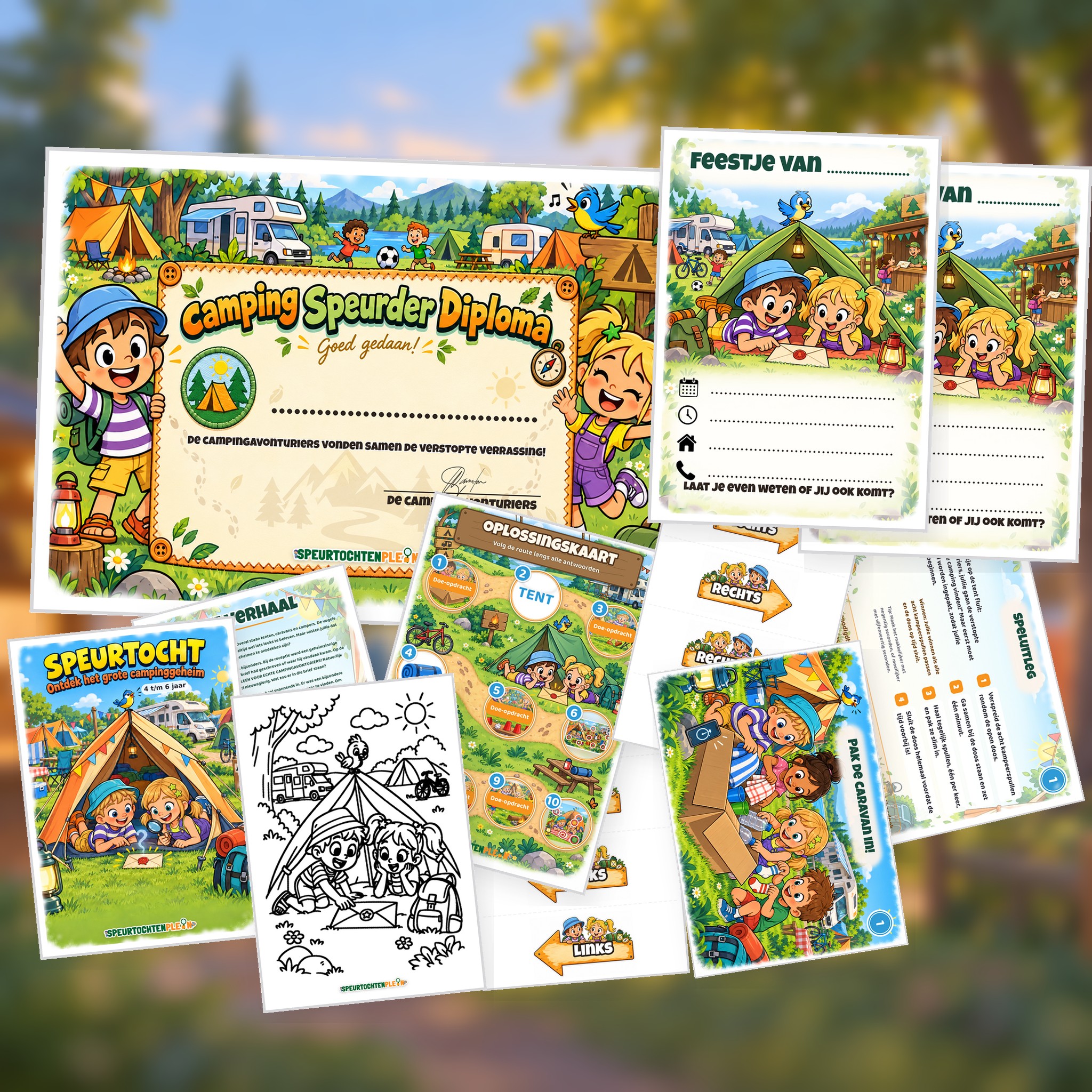 Overzicht van de camping Speurtocht met voorblad, verhaal, opdrachtkaart, speluitleg, uitnodigingen, oplossingskaart, kleurplaat, pijlen en diploma