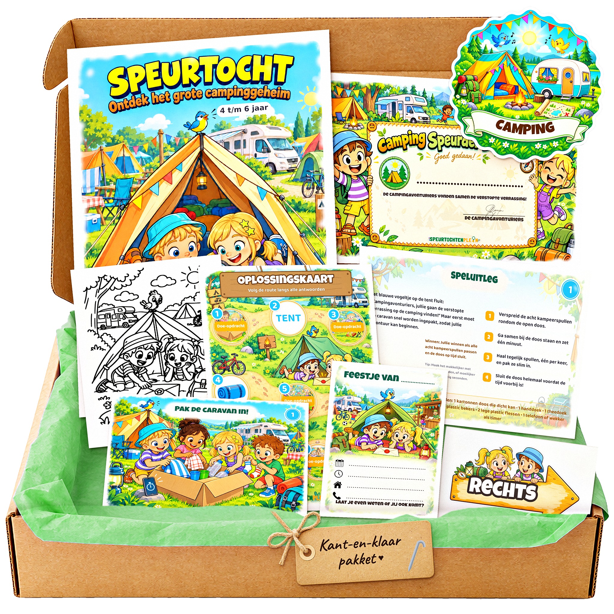 Complete camping Speurtocht voor een kinderfeestje met voorblad, opdrachtkaarten, uitnodigingen, diploma en kleurplaat