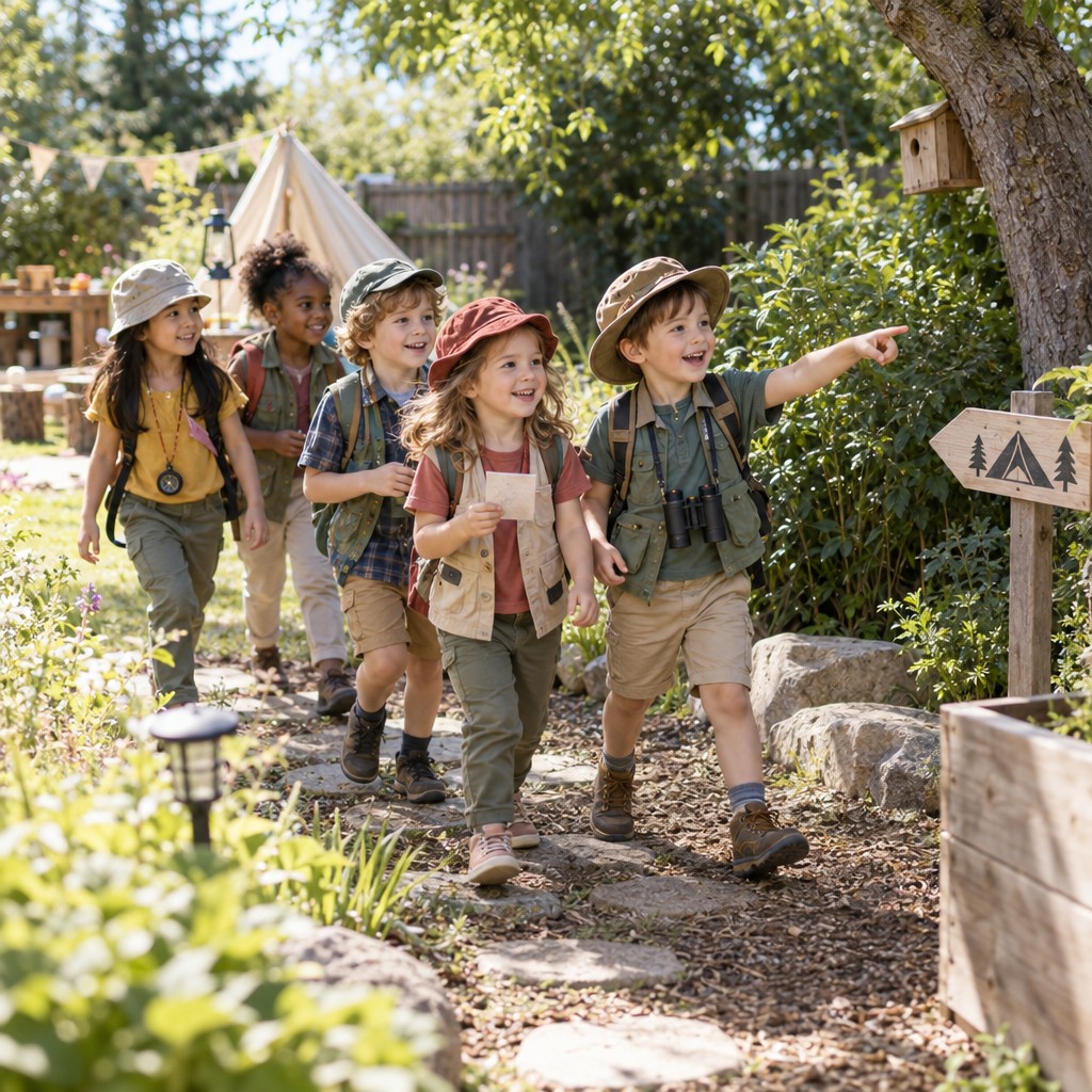 Kinderen op speurtocht tijdens een camping Speurtocht kinderfeestje