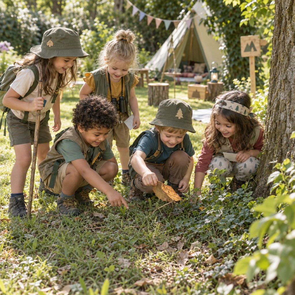 Kinderen zoeken samen naar aanwijzingen bij de camping Speurtocht