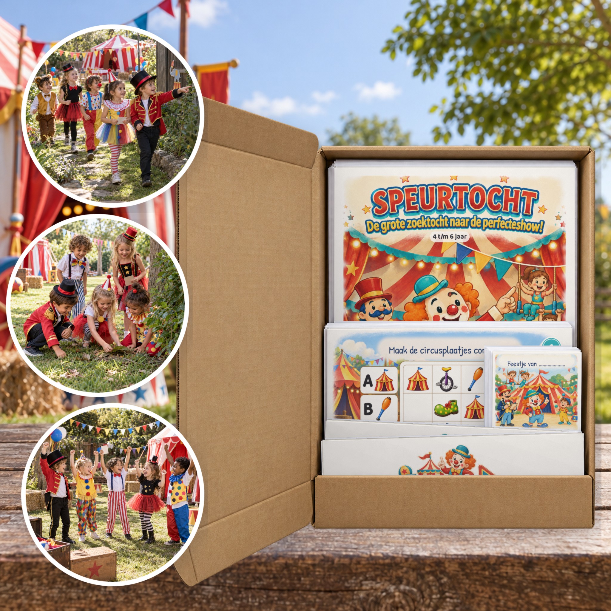 Circus Speurtocht als brievenbuspakket, met foto's van kinderen op speurtocht