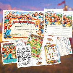 Overzicht van de Circus Speurtocht met voorblad, verhaal, opdrachtkaart, speluitleg, uitnodigingen, oplossingskaart, kleurplaat, pijlen en diploma