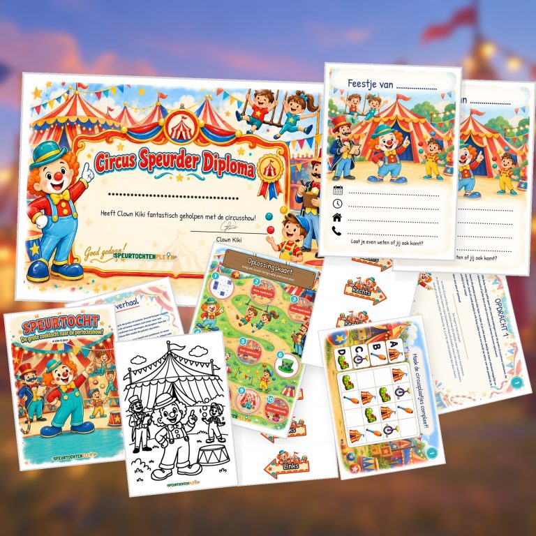 Overzicht van de Circus Speurtocht met voorblad, verhaal, opdrachtkaart, speluitleg, uitnodigingen, oplossingskaart, kleurplaat, pijlen en diploma