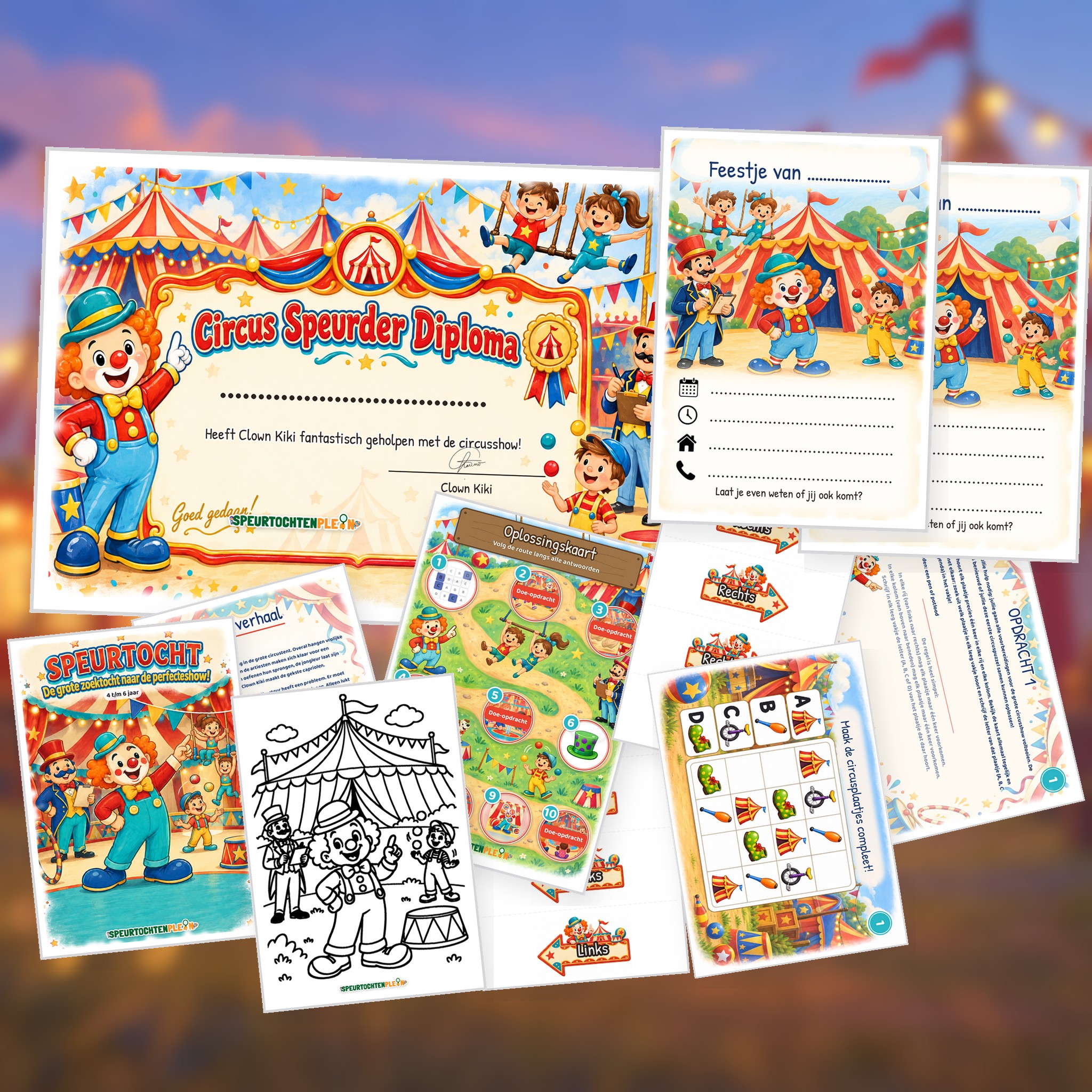 Overzicht van de Circus Speurtocht met voorblad, verhaal, opdrachtkaart, speluitleg, uitnodigingen, oplossingskaart, kleurplaat, pijlen en diploma