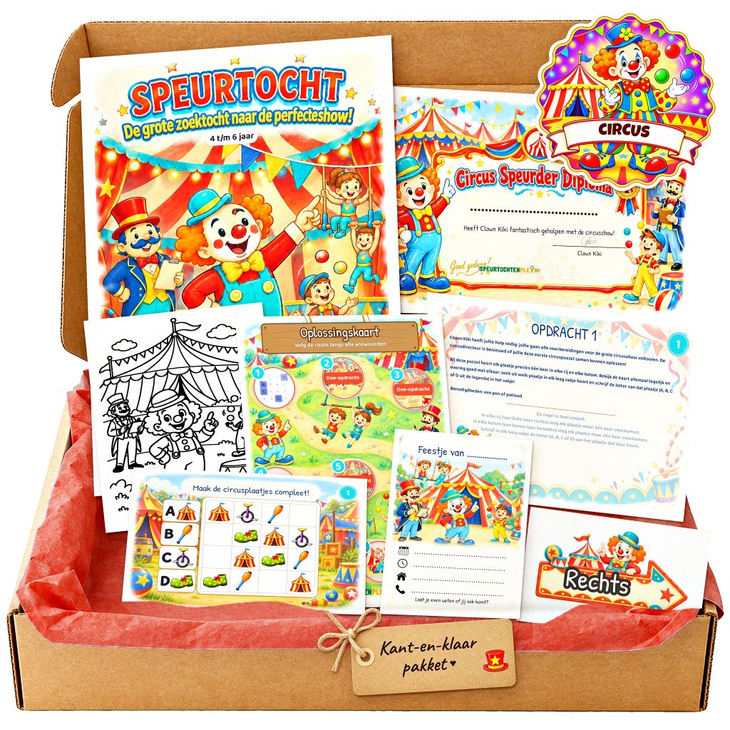 Complete Circus Speurtocht voor een kinderfeestje met voorblad, opdrachtkaarten, uitnodigingen, diploma en kleurplaat