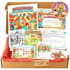 Complete Circus Speurtocht voor een kinderfeestje met voorblad, opdrachtkaarten, uitnodigingen, diploma en kleurplaat