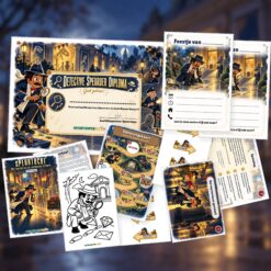 Overzicht van de Detective Speurtocht met voorblad, verhaal, opdrachtkaart, speluitleg, uitnodigingen, oplossingskaart, kleurplaat, pijlen en diploma
