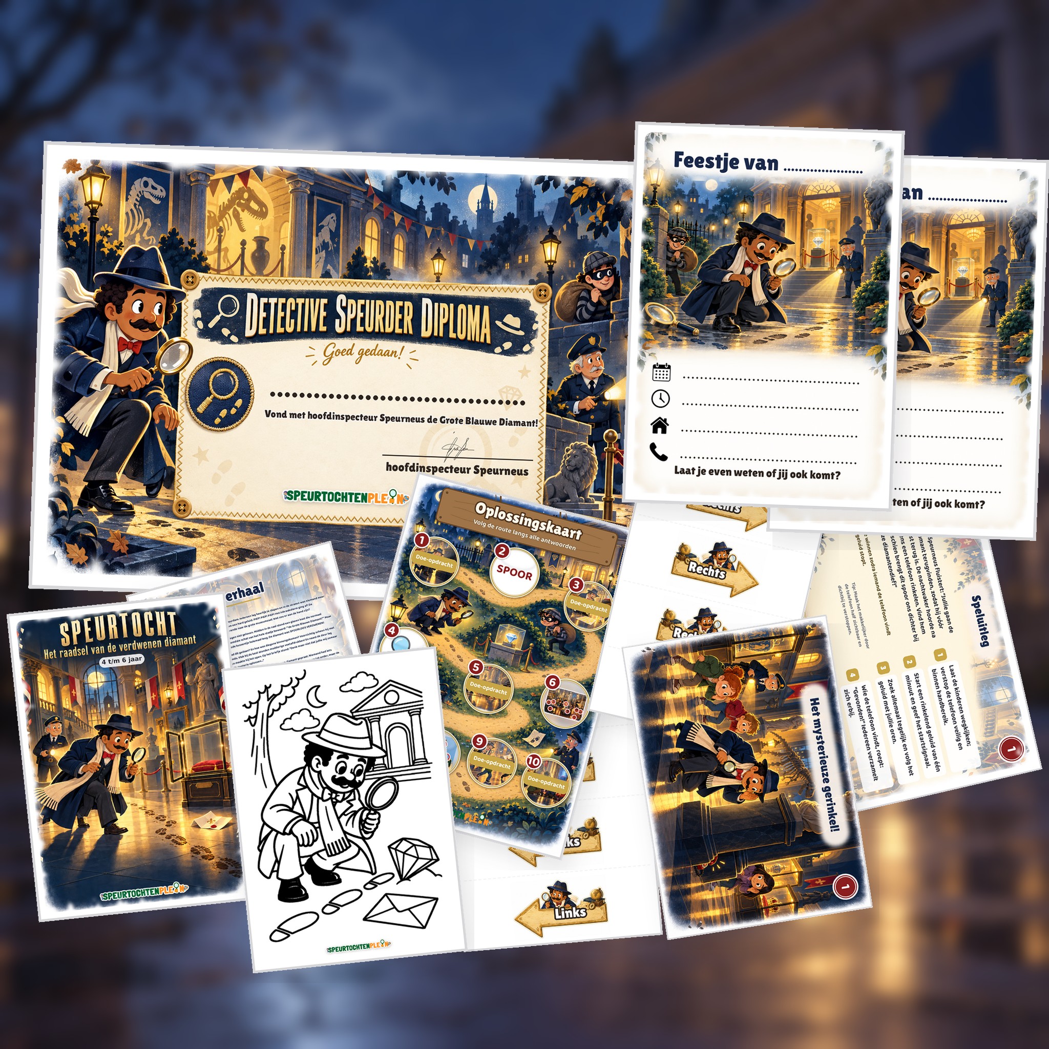 Overzicht van de Detective Speurtocht met voorblad, verhaal, opdrachtkaart, speluitleg, uitnodigingen, oplossingskaart, kleurplaat, pijlen en diploma