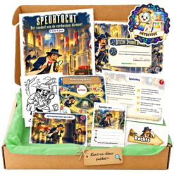 Complete Detective Speurtocht voor een kinderfeestje met voorblad, opdrachtkaarten, uitnodigingen, diploma en kleurplaat
