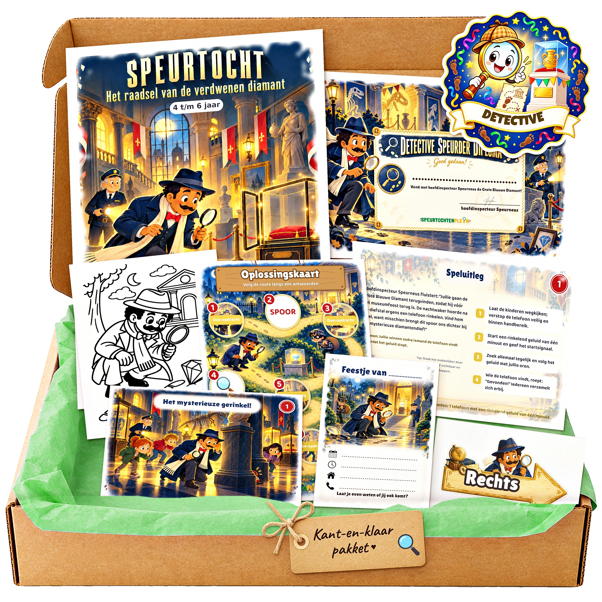 Complete Detective Speurtocht voor een kinderfeestje met voorblad, opdrachtkaarten, uitnodigingen, diploma en kleurplaat