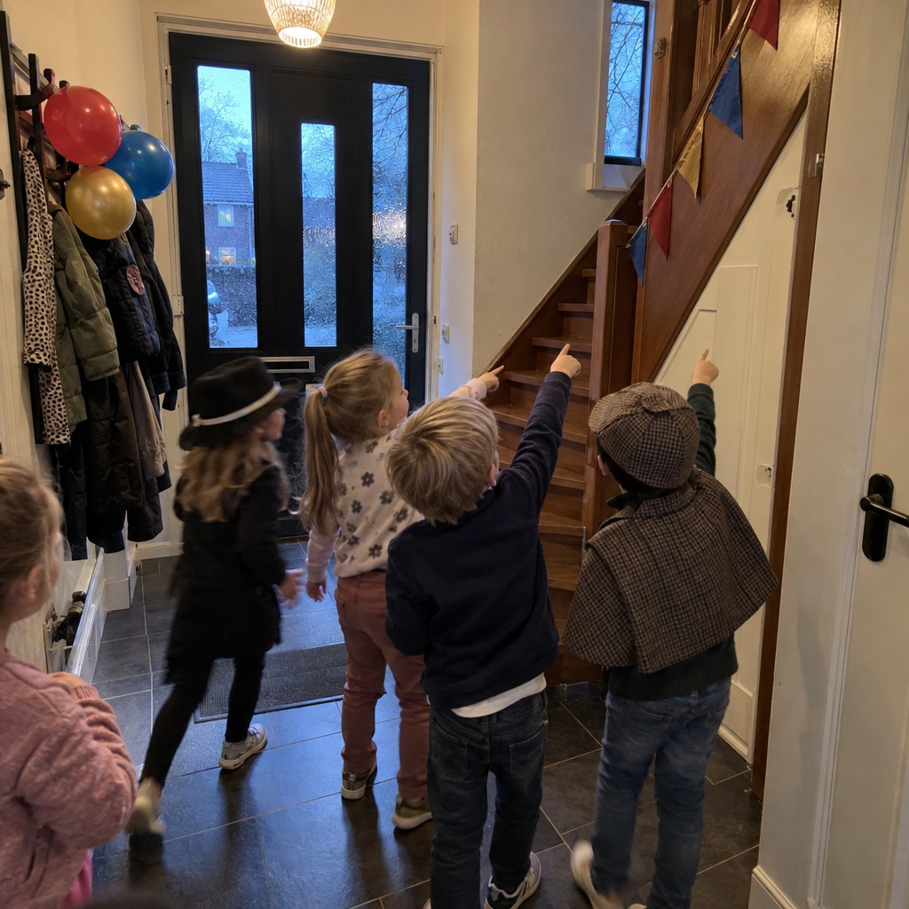 Kinderen zoeken samen naar aanwijzingen bij de Detective Speurtocht