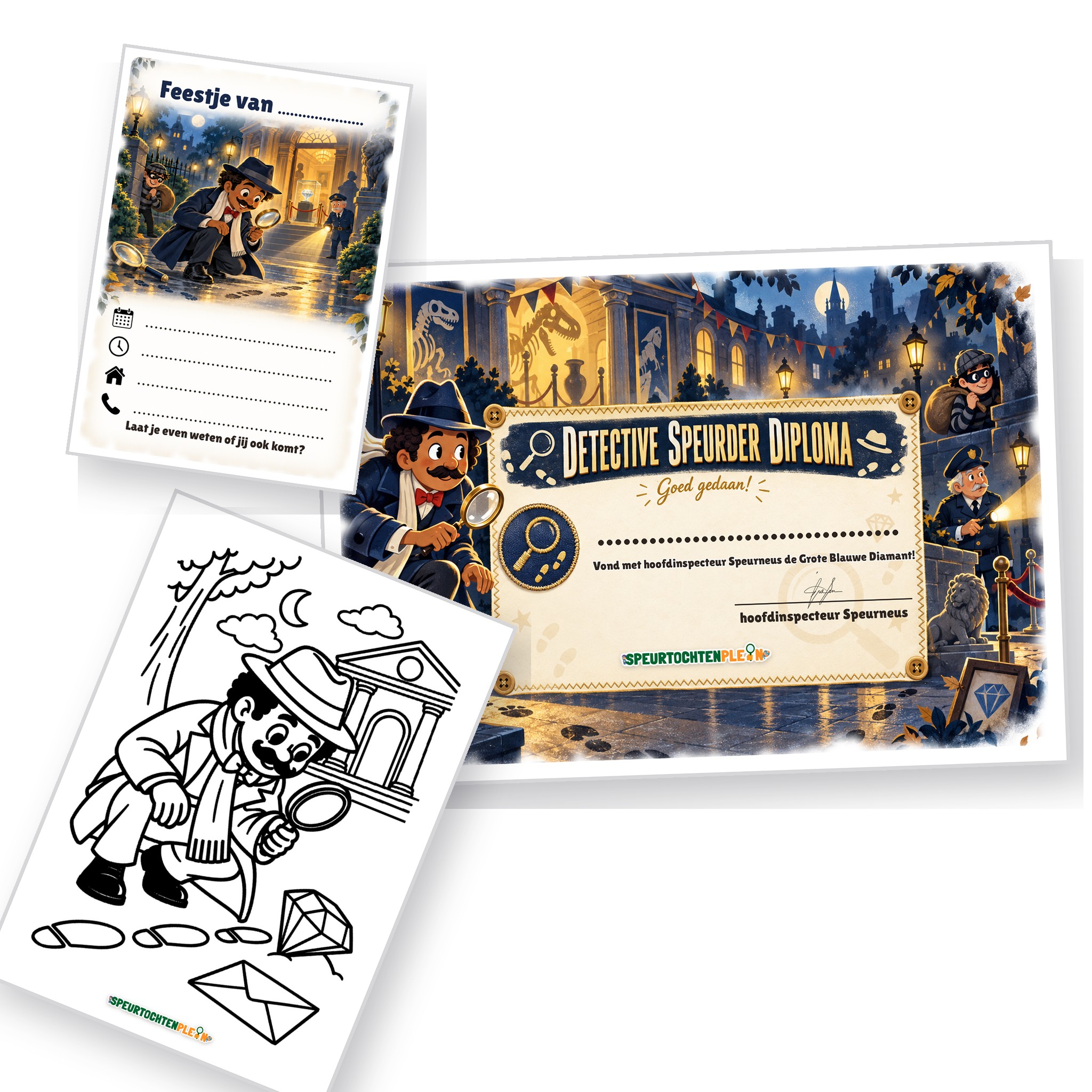 Uitnodiging, diploma en kleurplaat van de Detective Speurtocht
