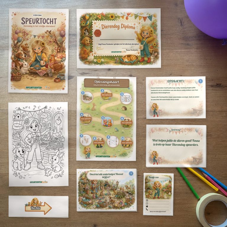 Alle onderdelen van de Dierendag Speurtocht op tafel: voorblad, diploma, oplossingskaart, kleurplaat, opdrachtkaarten, speluitleg, uitnodigingen en pijlen
