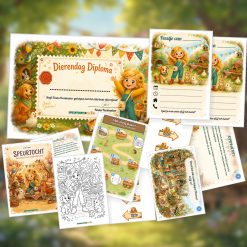 Overzicht van de Dierendag Speurtocht met voorblad, verhaal, opdrachtkaart, speluitleg, uitnodigingen, oplossingskaart, kleurplaat, pijlen en diploma