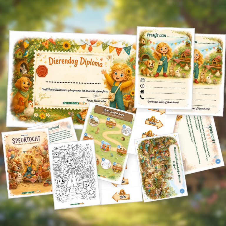 Overzicht van de Dierendag Speurtocht met voorblad, verhaal, opdrachtkaart, speluitleg, uitnodigingen, oplossingskaart, kleurplaat, pijlen en diploma
