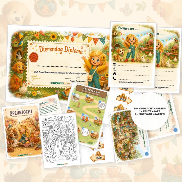 Complete Dierendag Speurtocht voor een kinderfeestje met voorblad, opdrachtkaarten, uitnodigingen, diploma en kleurplaat