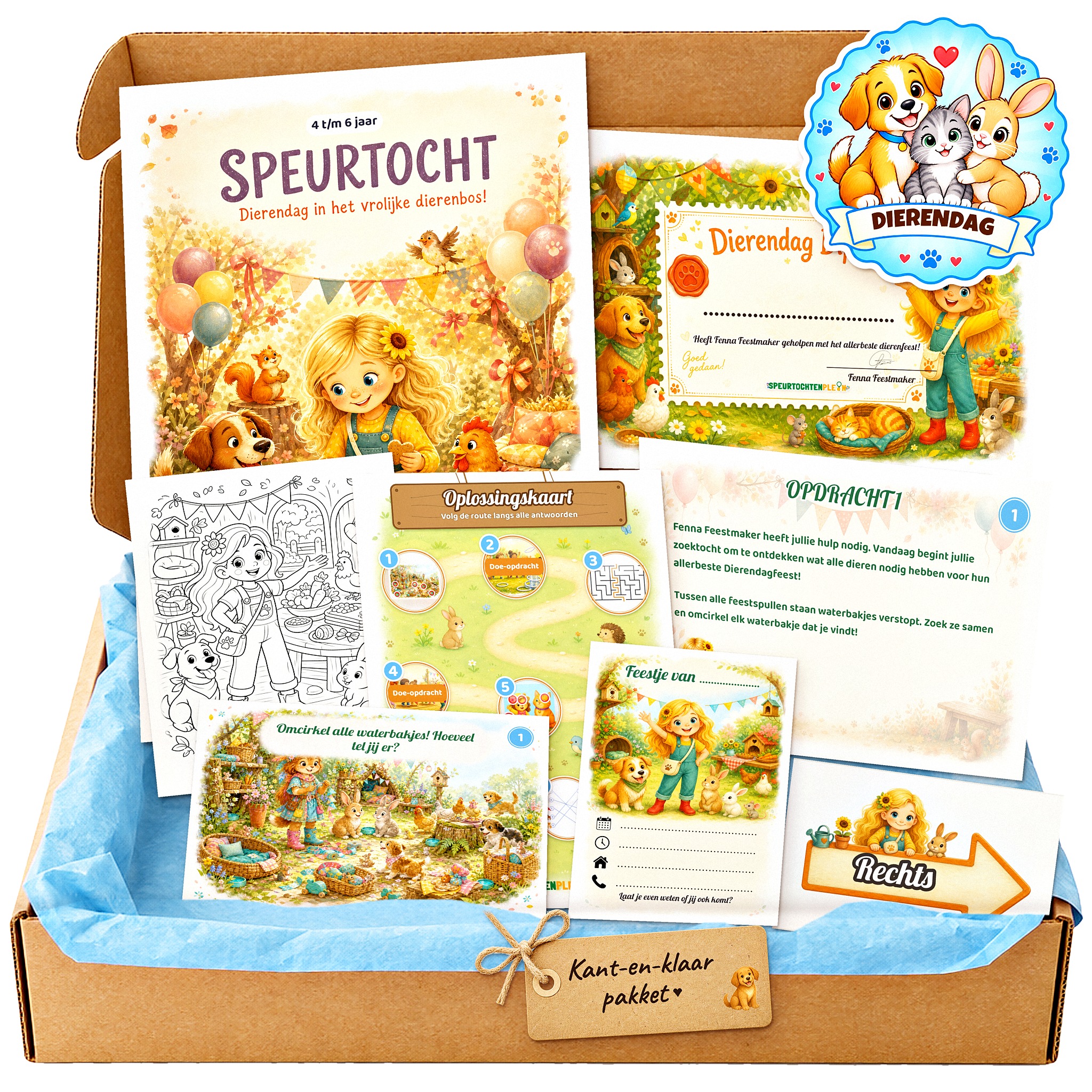 Complete Dierendag Speurtocht voor een kinderfeestje met voorblad, opdrachtkaarten, uitnodigingen, diploma en kleurplaat