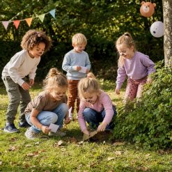 Kinderen zoeken samen naar aanwijzingen bij de Dierendag Speurtocht