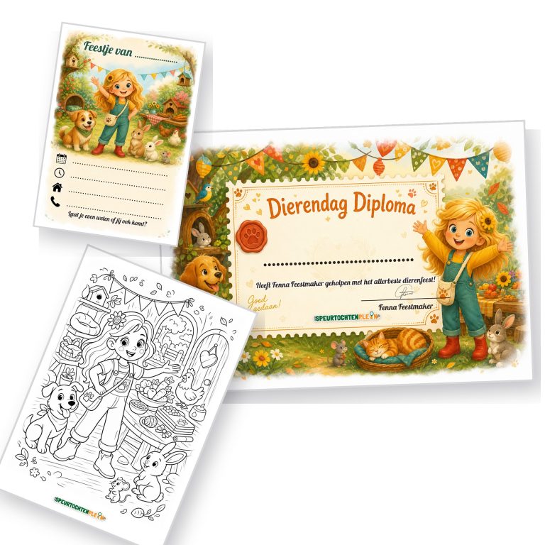 Uitnodiging, diploma en kleurplaat van de Dierendag Speurtocht