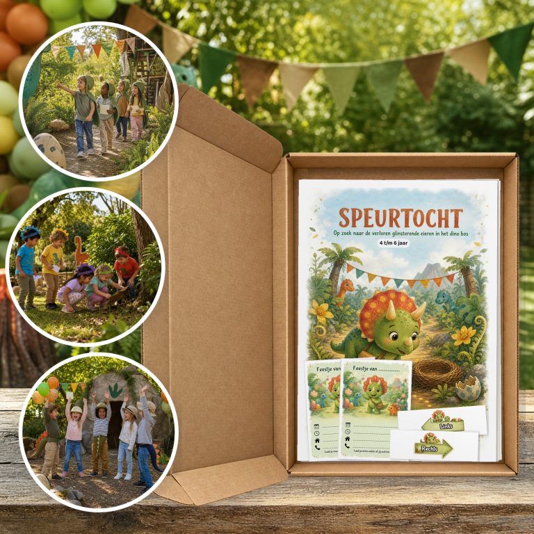 Dino Speurtocht als brievenbuspakket, met foto's van kinderen op speurtocht
