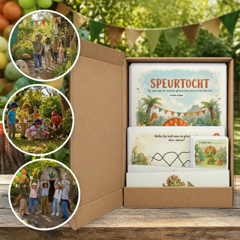 Dino Speurtocht als brievenbuspakket, met foto's van kinderen op speurtocht