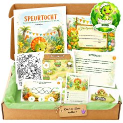 Complete Dino Speurtocht voor een kinderfeestje met voorblad, opdrachtkaarten, uitnodigingen, diploma en kleurplaat