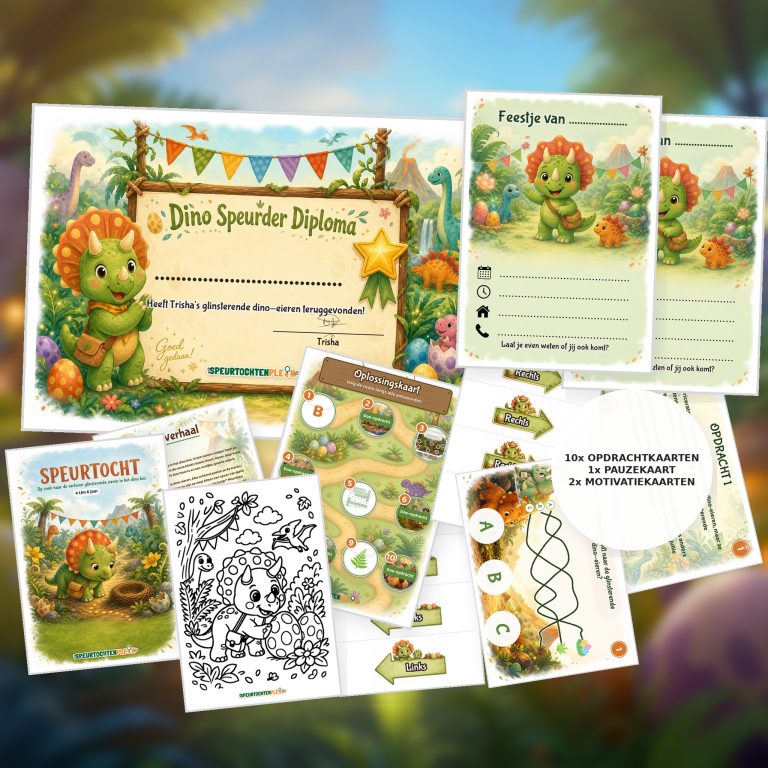 Complete Dino Speurtocht voor een kinderfeestje met voorblad, opdrachtkaarten, uitnodigingen, diploma en kleurplaat