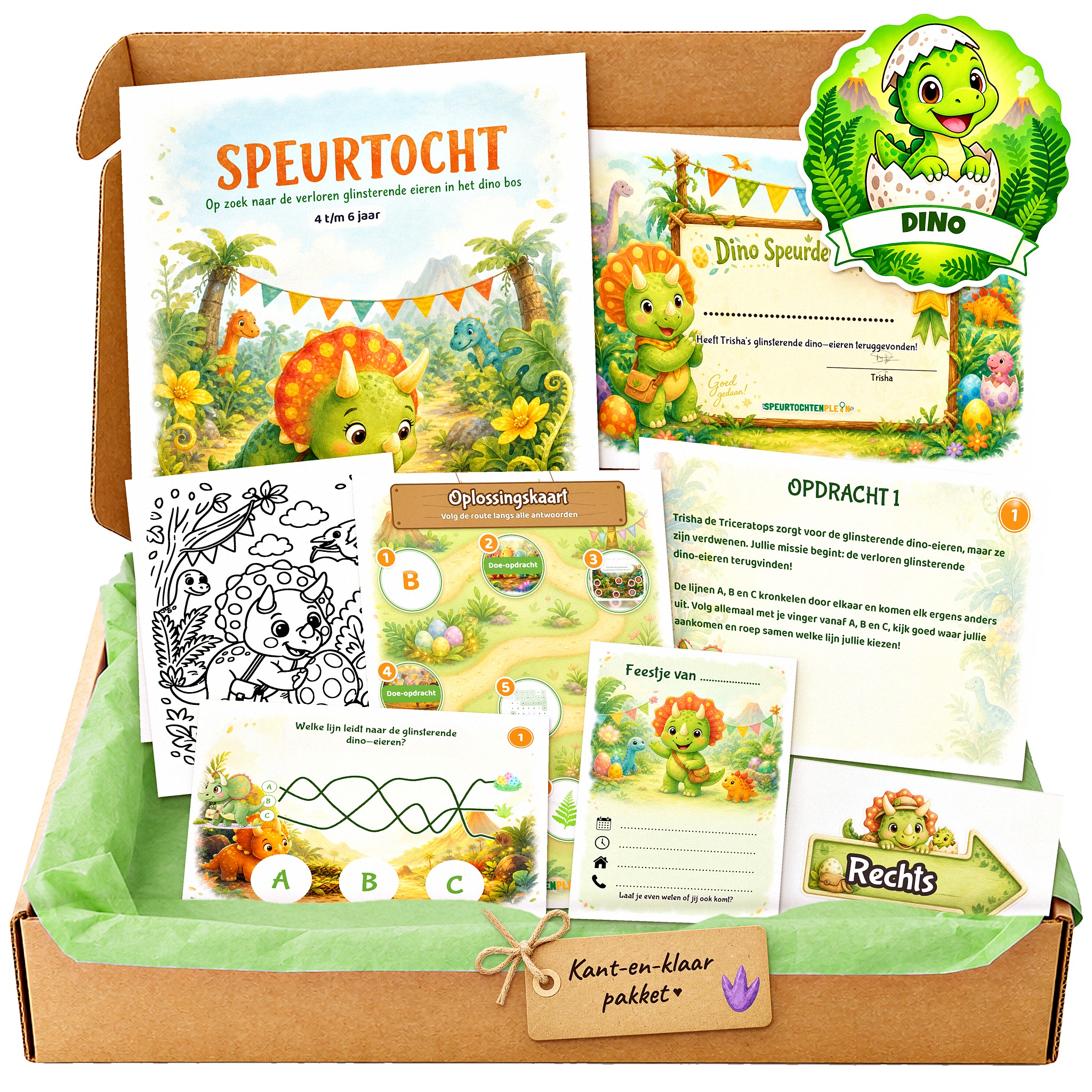 Complete Dino Speurtocht voor een kinderfeestje met voorblad, opdrachtkaarten, uitnodigingen, diploma en kleurplaat