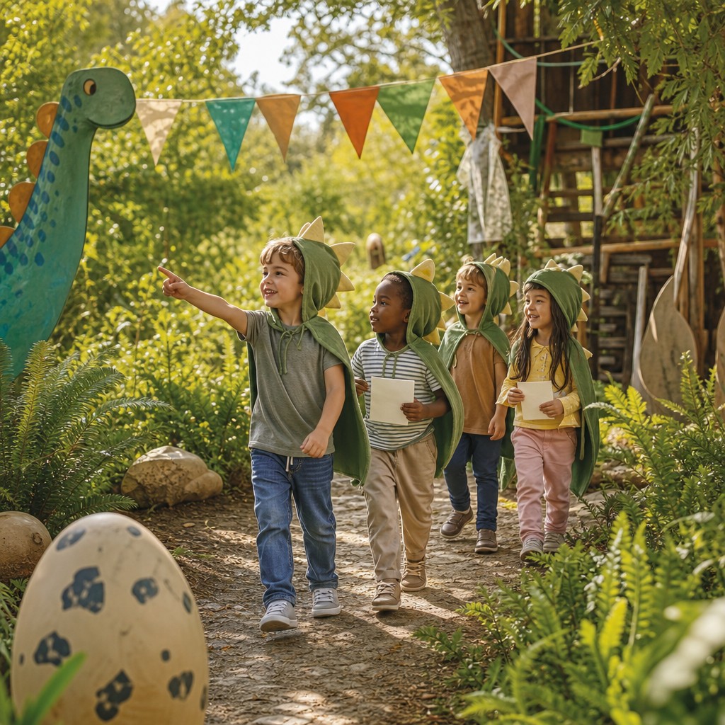 Kinderen op speurtocht tijdens een Dino Speurtocht kinderfeestje