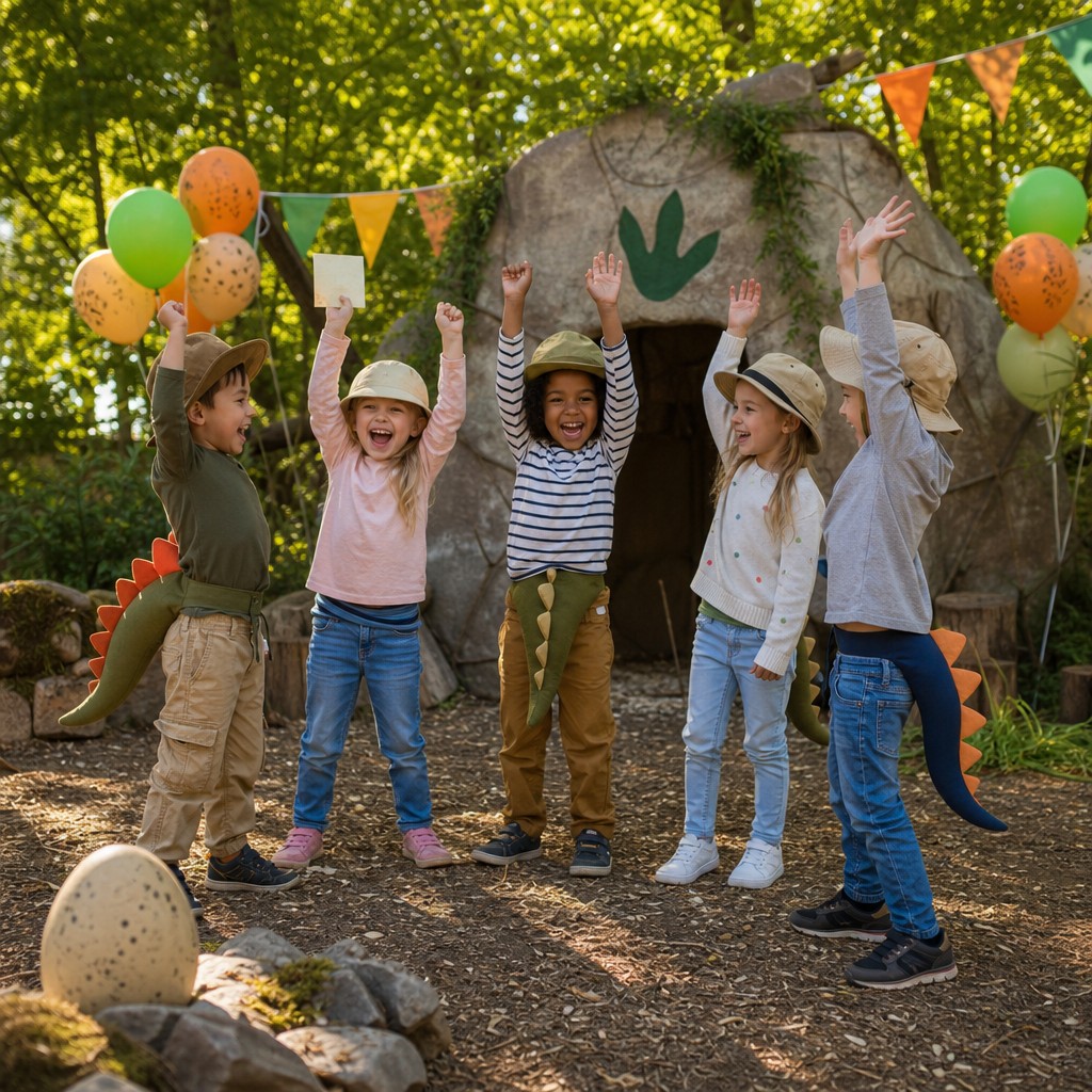 Blije kinderen hebben de schat gevonden bij de Dino Speurtocht