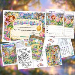 Overzicht van de Feeën Speurtocht met voorblad, verhaal, opdrachtkaart, speluitleg, uitnodigingen, oplossingskaart, kleurplaat, pijlen en diploma