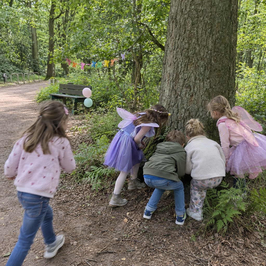 Kinderen op speurtocht tijdens een Feeën Speurtocht kinderfeestje