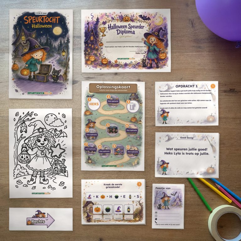 Alle onderdelen van de Halloween Speurtocht op tafel: voorblad, diploma, oplossingskaart, kleurplaat, opdrachtkaarten, speluitleg, uitnodigingen en pijlen
