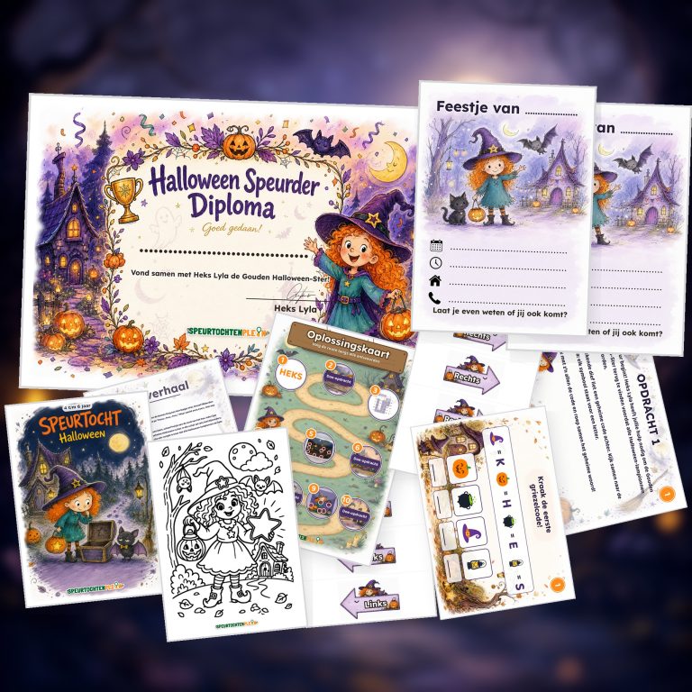 Overzicht van de Halloween Speurtocht met voorblad, verhaal, opdrachtkaart, speluitleg, uitnodigingen, oplossingskaart, kleurplaat, pijlen en diploma