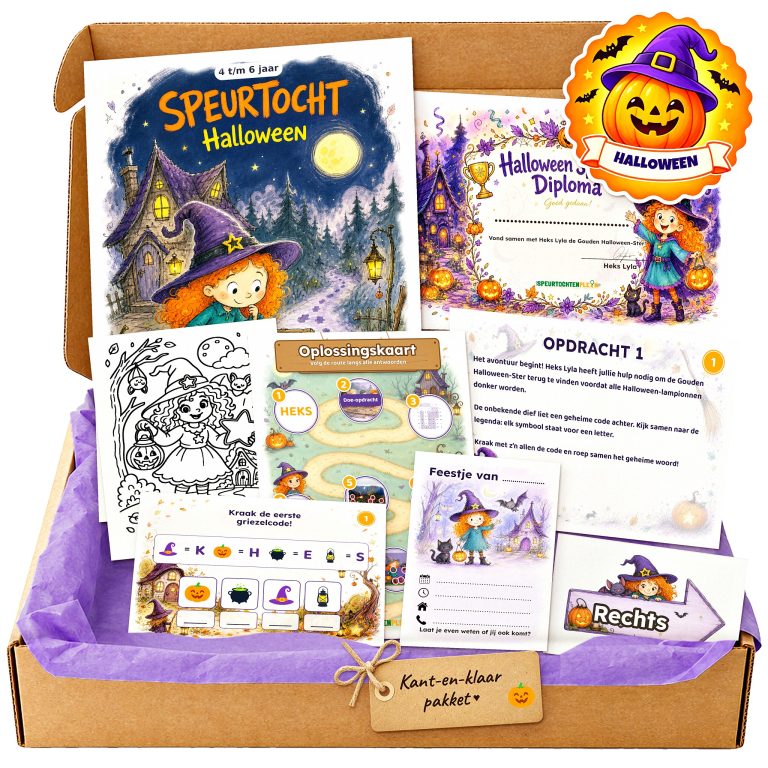 Complete Halloween Speurtocht voor een kinderfeestje met voorblad, opdrachtkaarten, uitnodigingen, diploma en kleurplaat