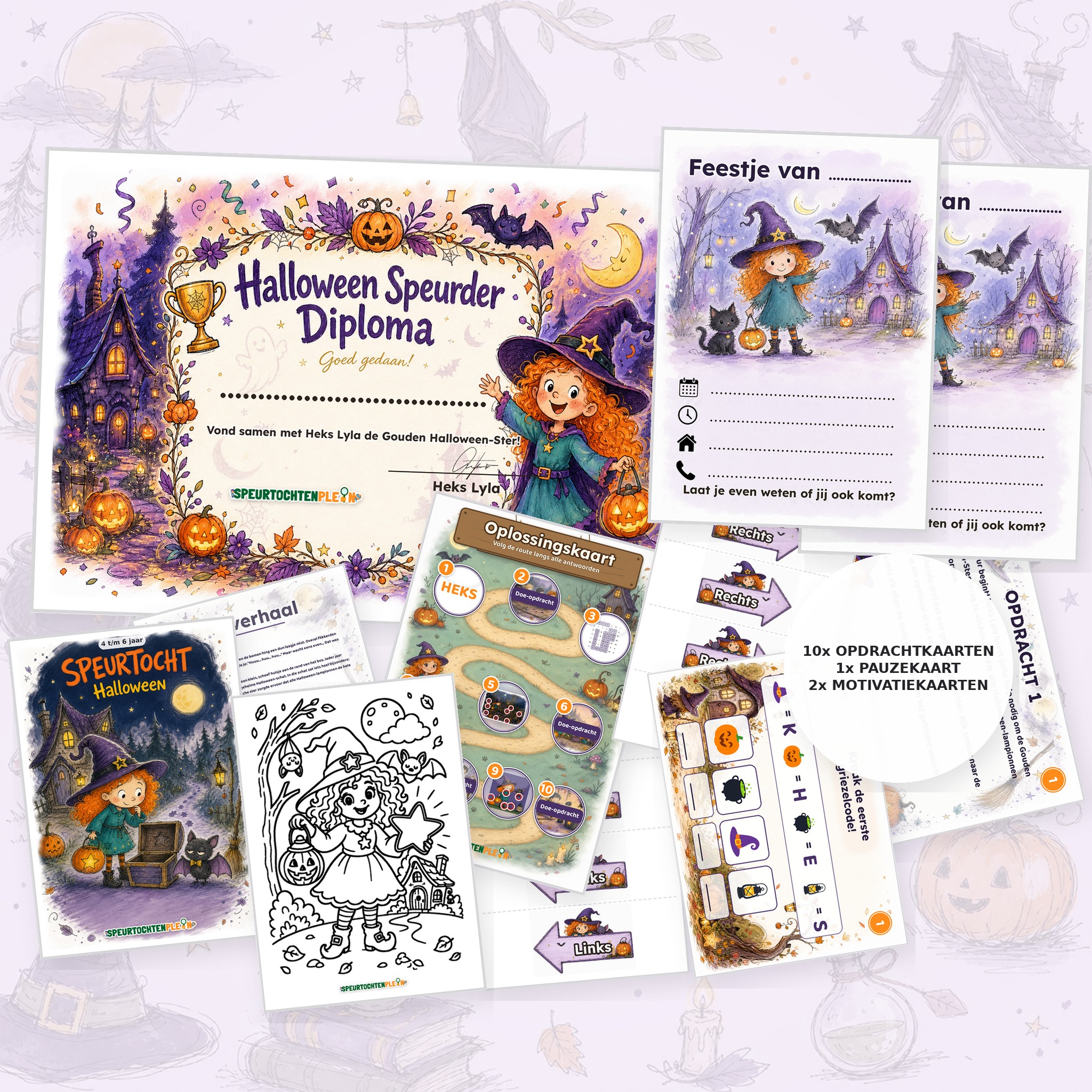 Complete Halloween Speurtocht voor een kinderfeestje met voorblad, opdrachtkaarten, uitnodigingen, diploma en kleurplaat