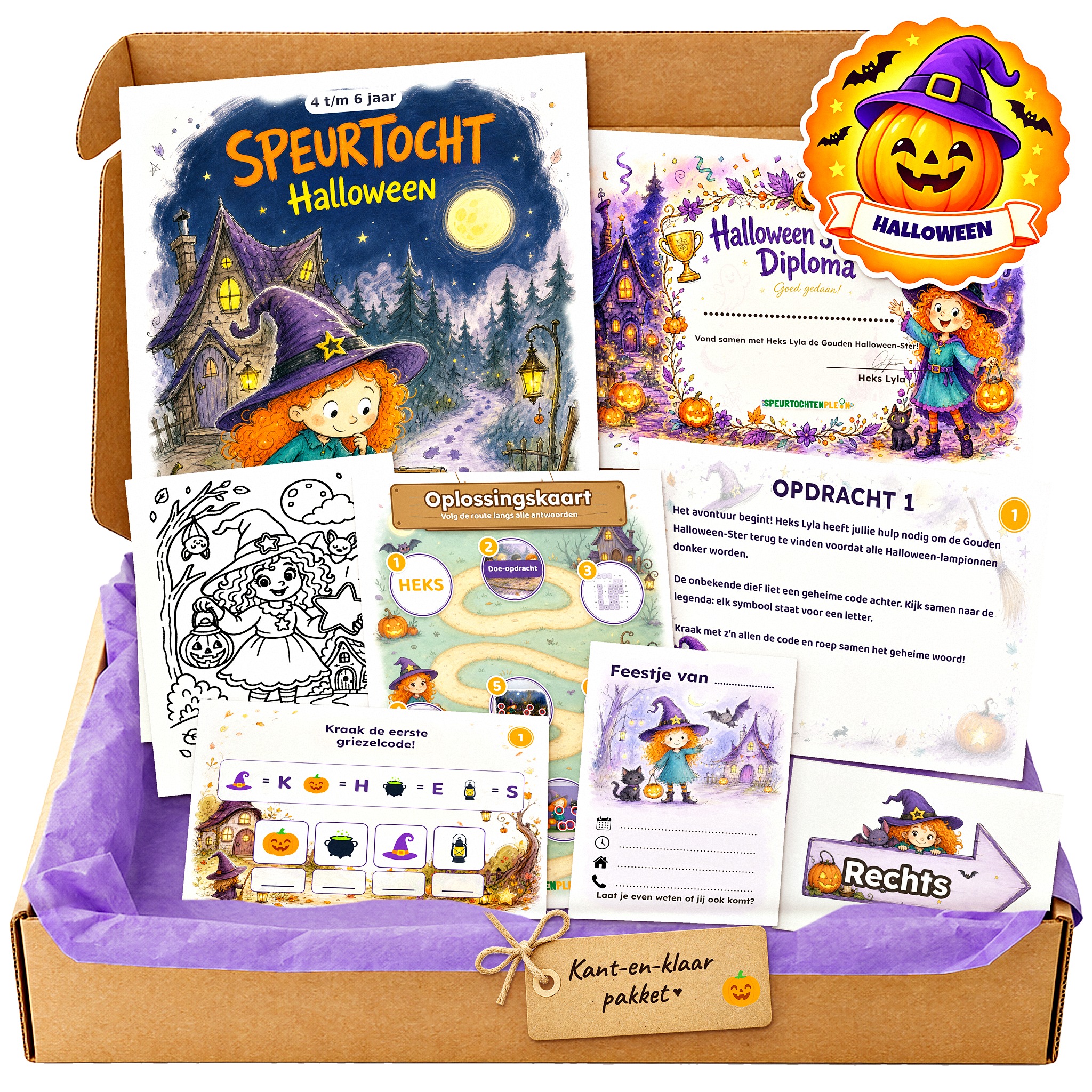 Complete Halloween Speurtocht voor een kinderfeestje met voorblad, opdrachtkaarten, uitnodigingen, diploma en kleurplaat